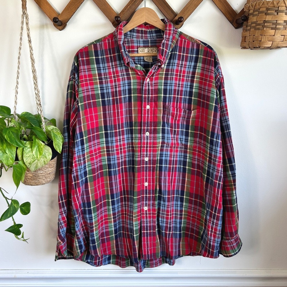 Vintage Sun River Clothing Co XL Plaid Flannel Shirt Red Blue Green Flannel